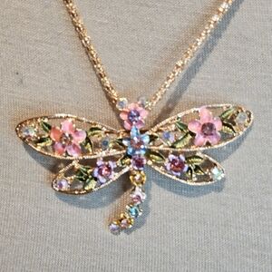 MULTI PASTEL COLOR RHINESTONE DRAGON FLY STATEMENT NECKLACE